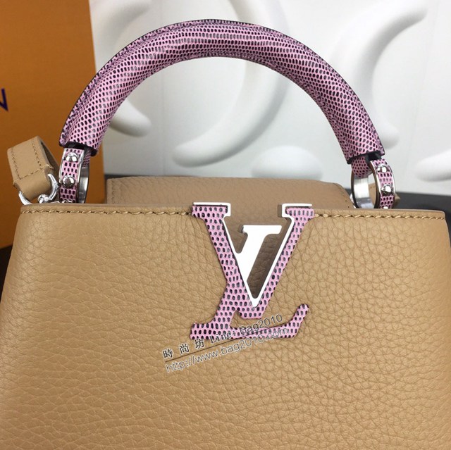 lv路易威登專櫃2022新款CAPUCINES迷你手袋 lv粒紋Taurillon小公牛皮手提包 N94047流金色 ydh4993
